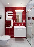 Červenobílý design koupelny s prostorným sprchovým koutem