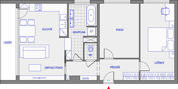 nová dispozice bytu 3+kk v pražských Strašnicích